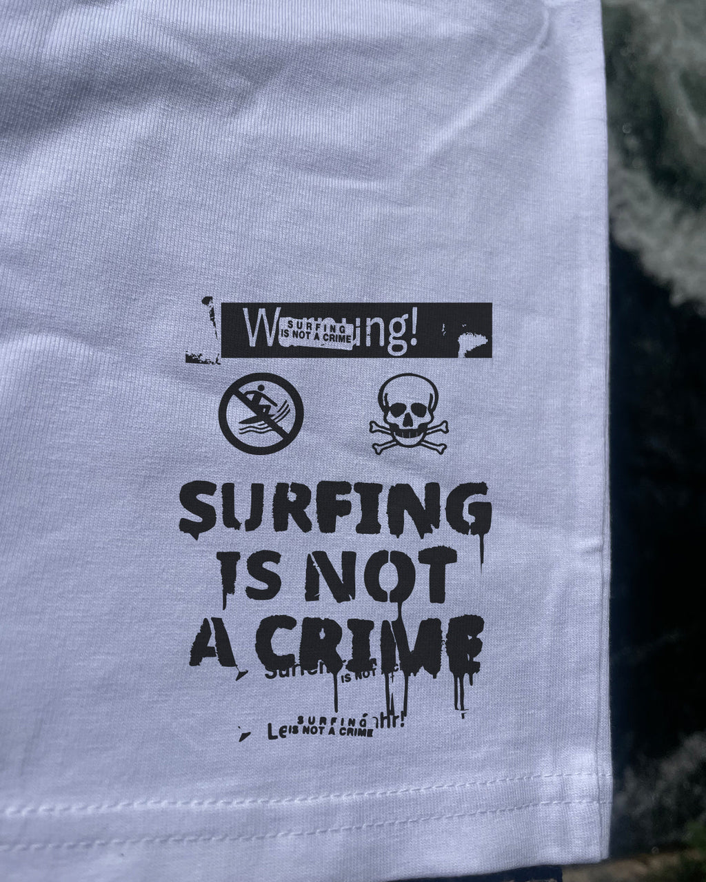 Surfing Is Not a Crime Standard T-Shirt — back print detail