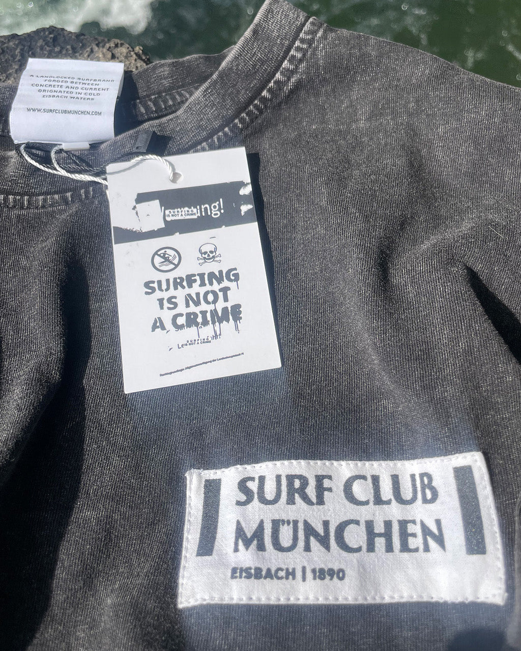 Surfing Is Not a Crime Black Label T-Shirt — print and patch detail
